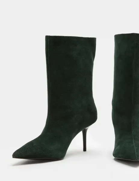 Marks & Spencer Suede Pointed Toe Stiletto Heel Mid Calf Boots Dark Green