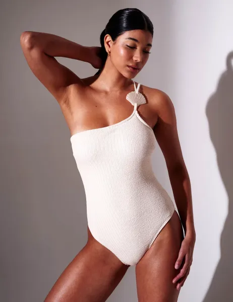 South Beach Crinkle Textured One Shoulder Swimsuit