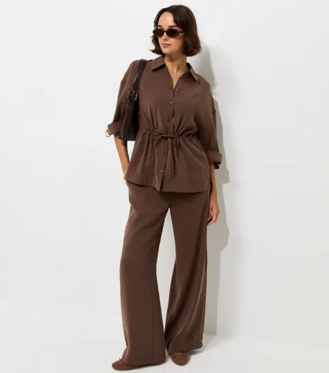 Women's Dark Brown Drawstring Wide Leg Trousers