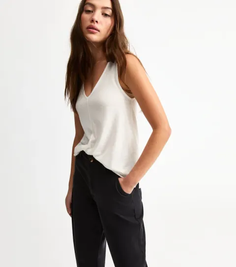 Women's Cream Linen Look V Front Tank Top