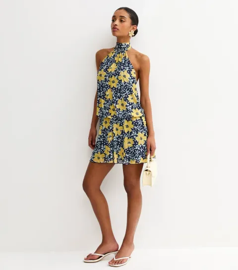 Women's Blue Floral Mesh Halter Neck Mini Dress