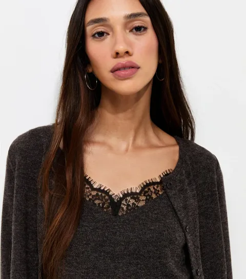 Women's Dark Grey Lace Trim 2 In 1 Cami Top Cardigan