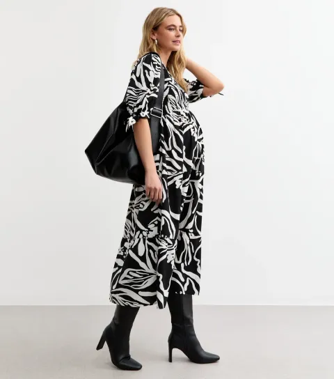 Women's Maternity Black Tiered Floral Print Midi Dress