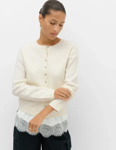 Marks & Spencer Air-Yarn Crew Neck Cable Knit Cardigan Ivory