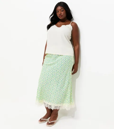 Women's Plus Size Cream Ditsy Floral Bias Cut Midi Skirt Curves