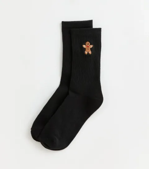 New Look Black Christmas Gingerbread Embroidered Ankle Socks