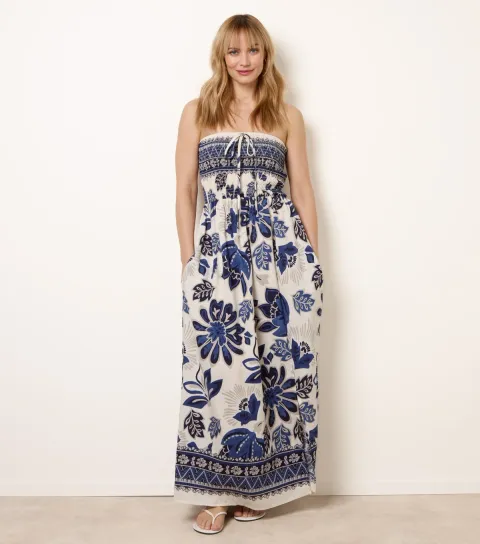 Women's Navy Floral Print Bandeau Maxi Dress