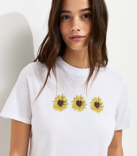 Women's White Cotton Sunflower Print Relaxed T-Shirt