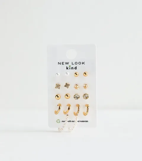 Gold Tone Pack of 9 Faux Pearl Diamant?� Stud Hoop Earrings