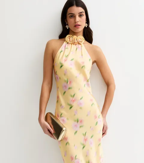 Women's Yellow Blurred Floral Halter Neck Midi Dress