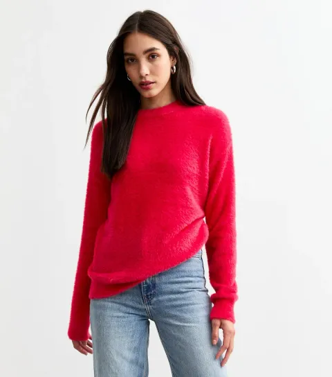 Women's Red Fluffy Knit Jumper