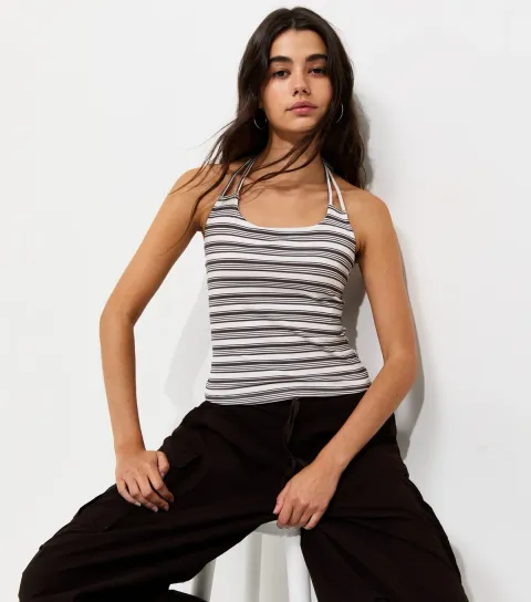 Women's Brown Cotton Rich Striped Strappy Halterneck Top