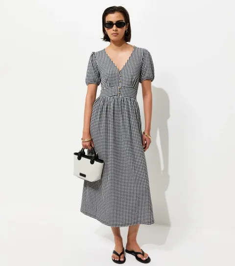 Women's Black Crinkle Texture Gingham Button Front Short Sleeve Midi Dress