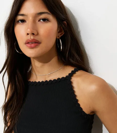 Women's Black Cotton Rich Ribbed Daisy Trim Cami Top
