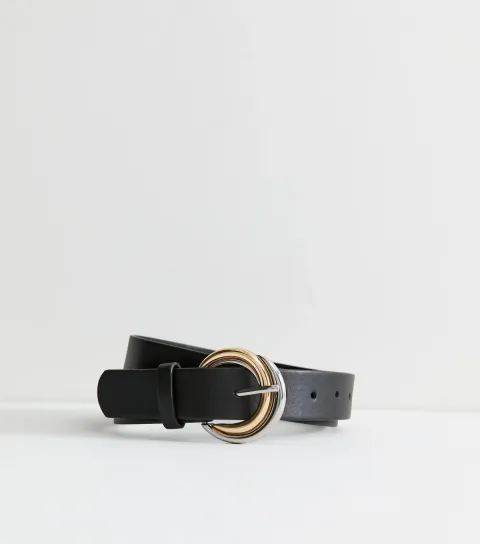 New Look Black Faux Leather Mixed Metal Buckle Belt