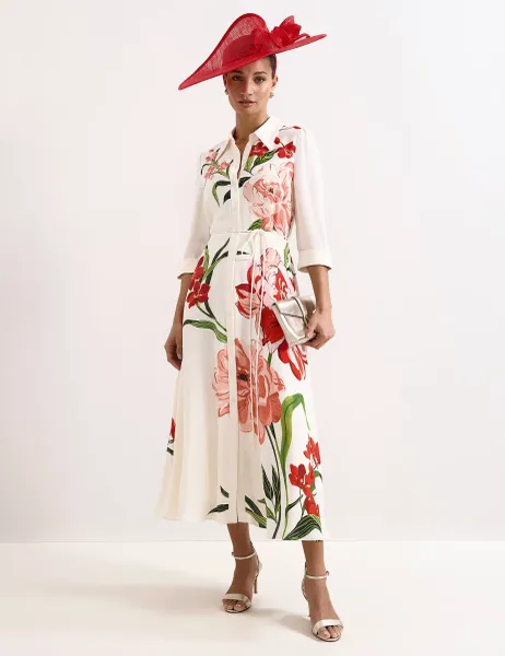 Phase Eight Floral 3/4 Sleeve Midi Shirt Dress Ivory Mix