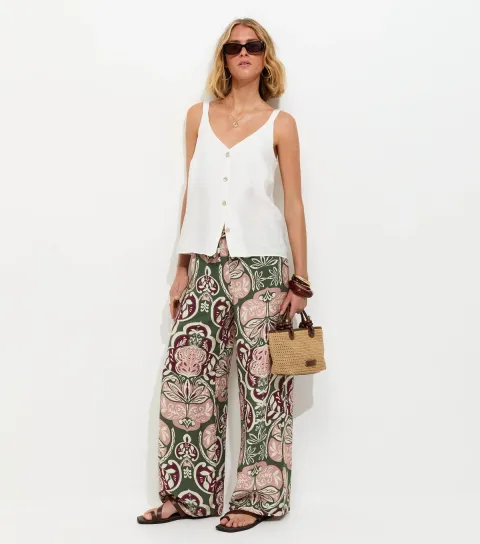 Women's Green Folk Print Wide Leg Trousers