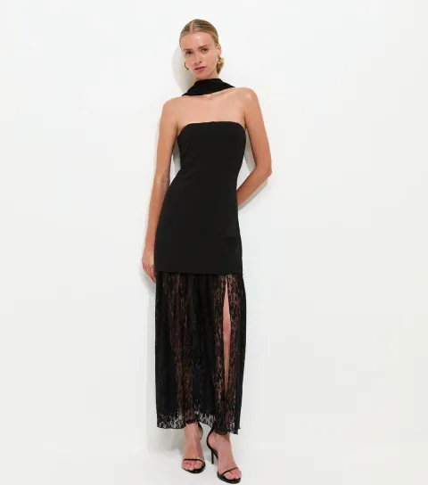 Women's Black Lace Bandeau Midi Dress with Scarf