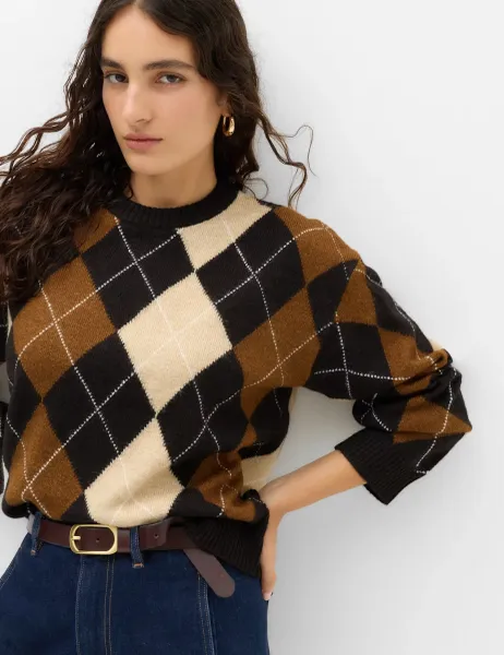 Marks & Spencer Argyle Crew Neck Relaxed Jumper Brown Mix