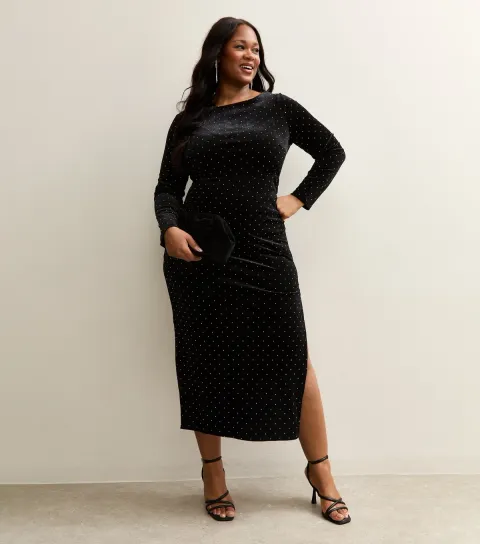 Women's Plus Size Black Velvet Studded Midi Dress Curves
