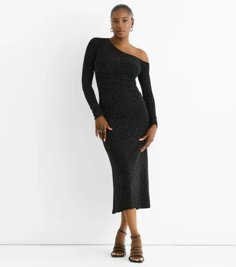 Women's Black Shimmery Embellished Jersey Midi Dress