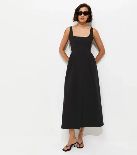Women's Black Square Neck Gathered Hips Midi Dress