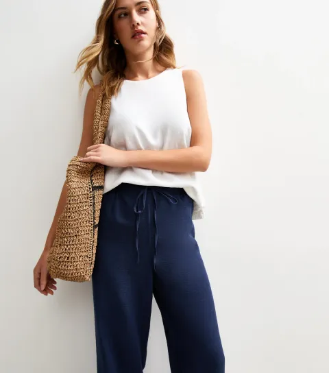 New Look Women's Navy Linen Look Wide Leg Trousers