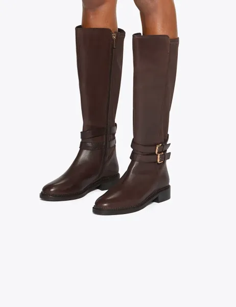Kurt Geiger Leather Block Heel Round Toe Knee High Boots Brown