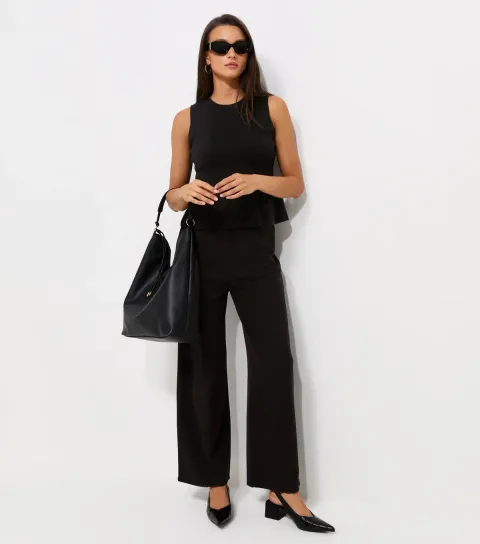 New Look Women's Black Soft Touch Compact Knit Wide Leg Trousers