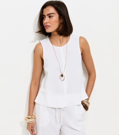 Women's White Linen Blend Sleeveless Top