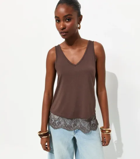 New Look Women's Brown Lace Trim Relaxed V-Neck Vest