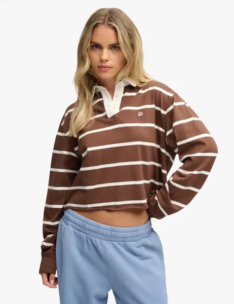 Superdry & Co Pure Cotton Oversized Cropped Rugby Top Brown Mix