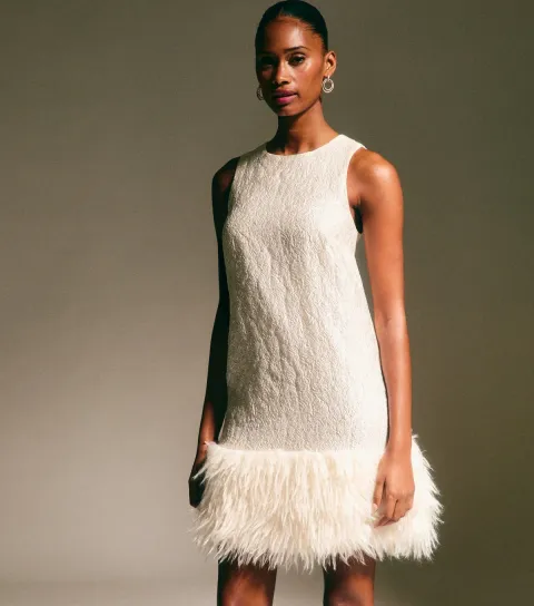 Women's White Jacquard Feather Trim Mini Dress