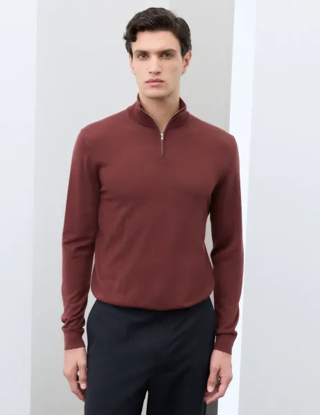 Pure Extra Fine Merino Wool Half Zip Jumper Chestnut