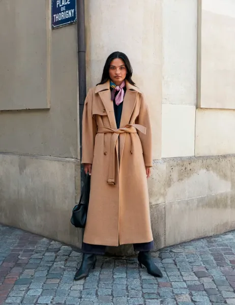RO&ZO Wool Blend Belted Longline Trench Coat Camel