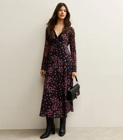 Women's Black Rose Mesh Long Sleeve Midi Dress
