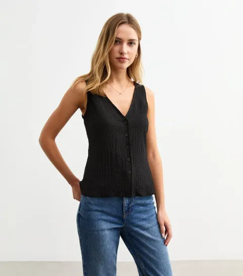Women's Black Crinkle Texture V-Neck Waistcoat
