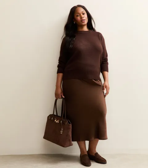 Women's Plus Size Brown Satin Midi Skirt Curves