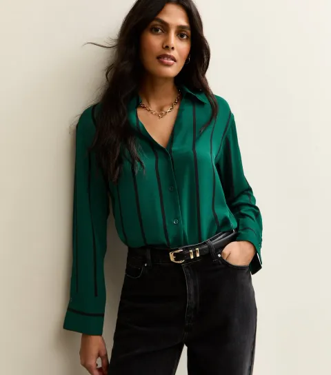 New Look Women's Green Striped Long Sleeve Shirt