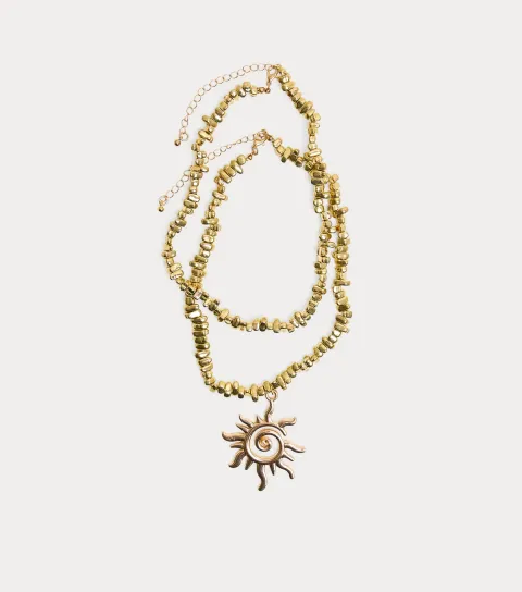 Gold Tone 2 Layer Sunshine Pendant Necklace