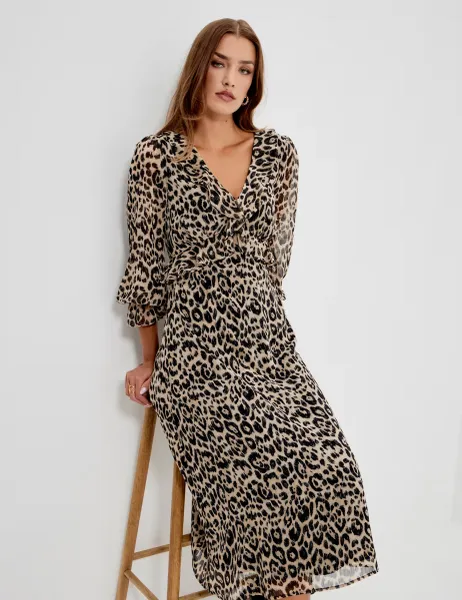 Finery London Chiffon Animal Print V Neck Ruffle Midi Dress Natural Mix