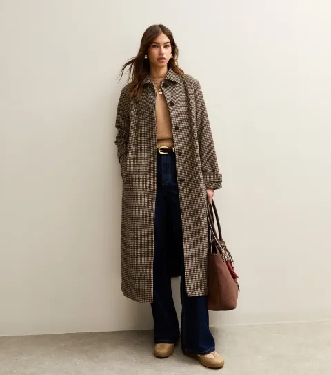 New Look Women's Brown Checked Belted Longline Coat