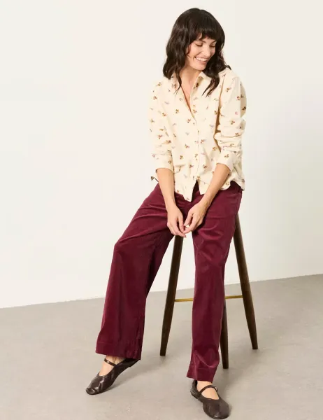 FatFace Cord Textured Wide Leg Cropped Trousers Burgundy