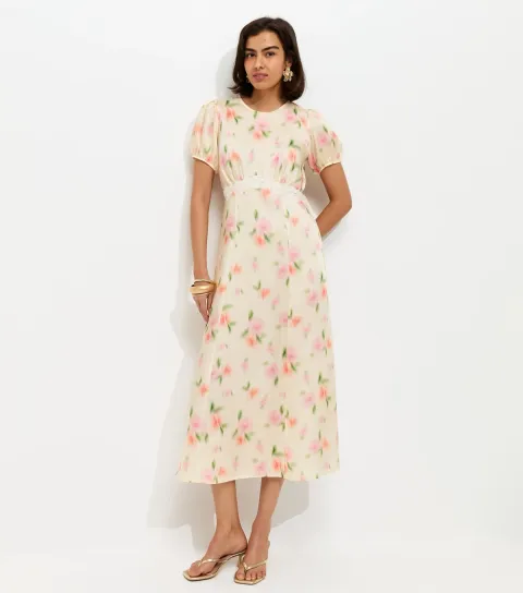 Women's Cream Blurred Floral Print Midi Dress
