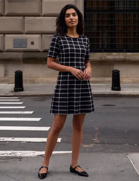 Roman Checked Knee Length Dress Black Mix