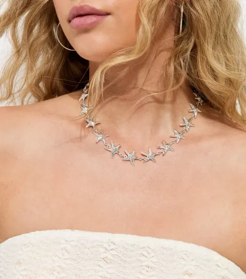 Silver Tone Textured Starfish Necklace