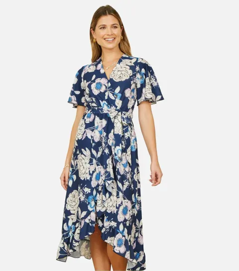 Women's Navy Floral Print Tie Waist Midi Dress