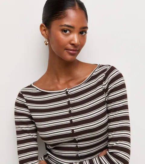 Women's Brown Cotton Rich Striped Long Sleeve Button Front Ribbed Top