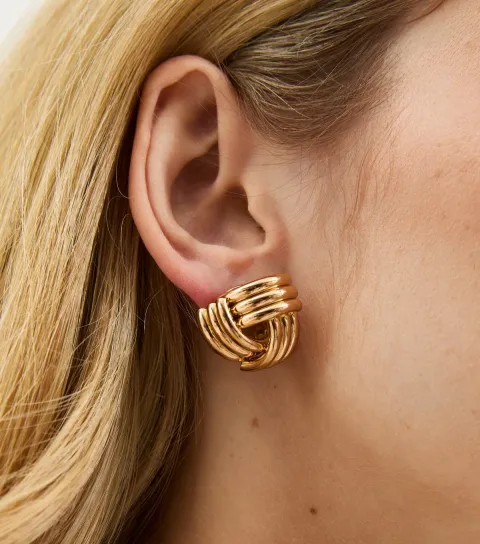 Gold Tone Ribbed Knot Stud Earrings