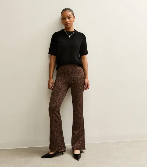 Women's Petite Brown Leopard Print Flared Leg Trousers